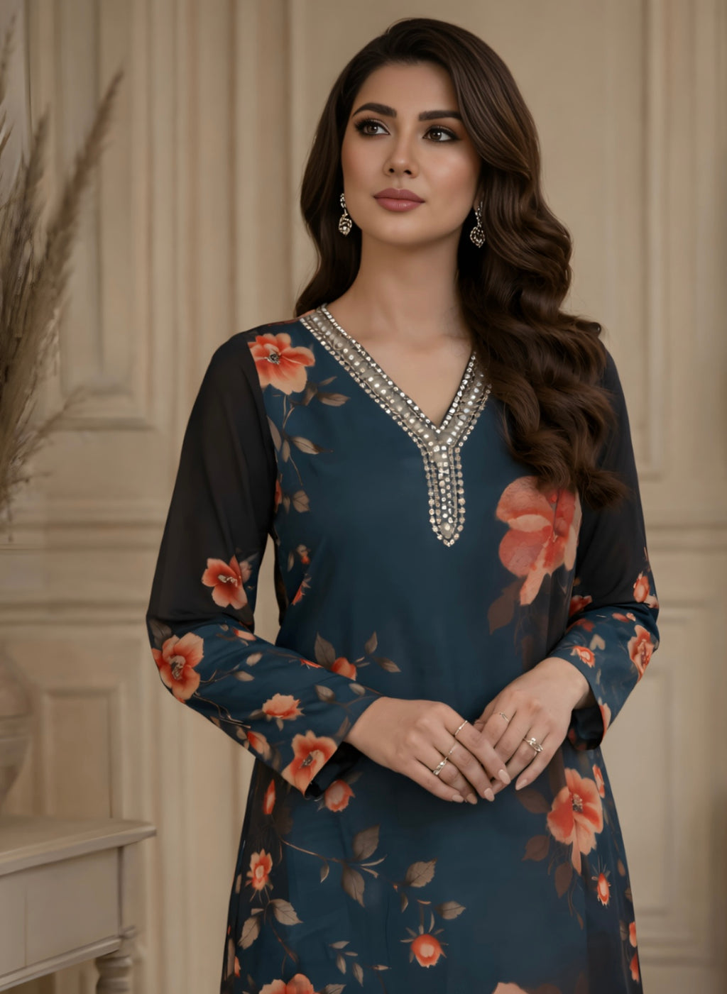 Teal & Black Floral Printed Kurta Set – 2 Piece