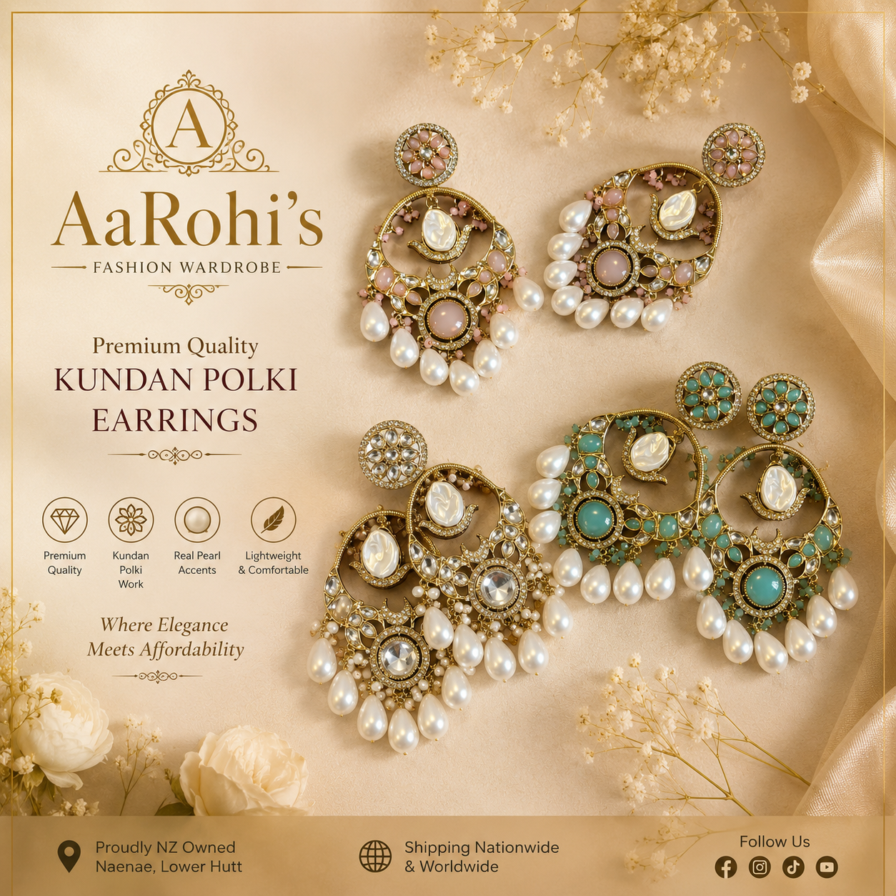 Premium Quality Kundan Polki Earrings with Pearl Drops