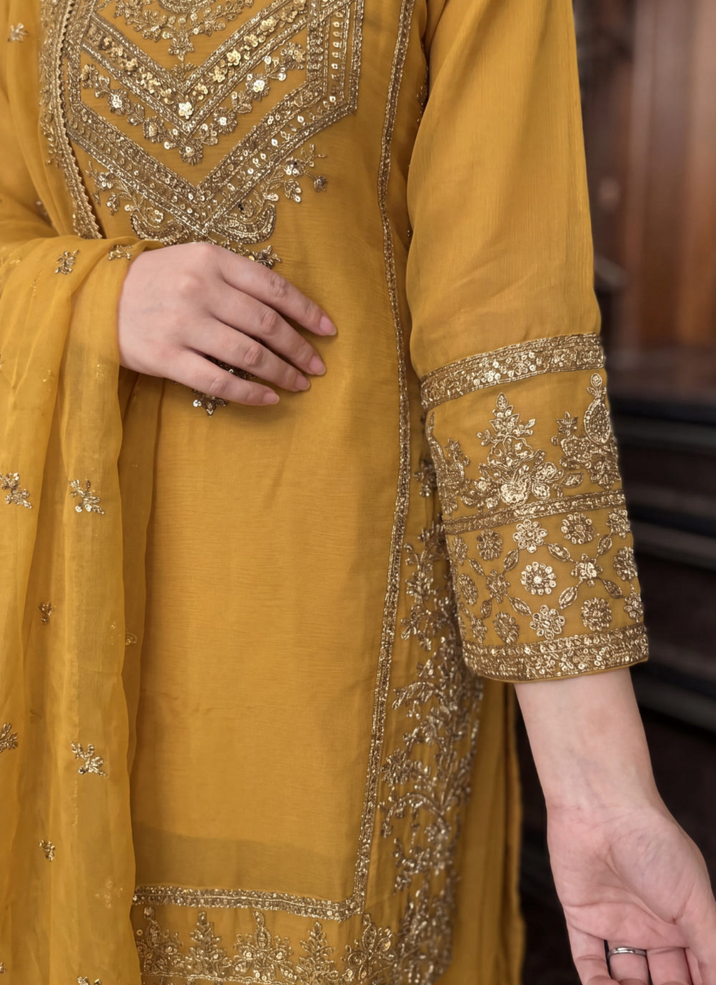 Mustard Embellished Chiffon Sharara Set