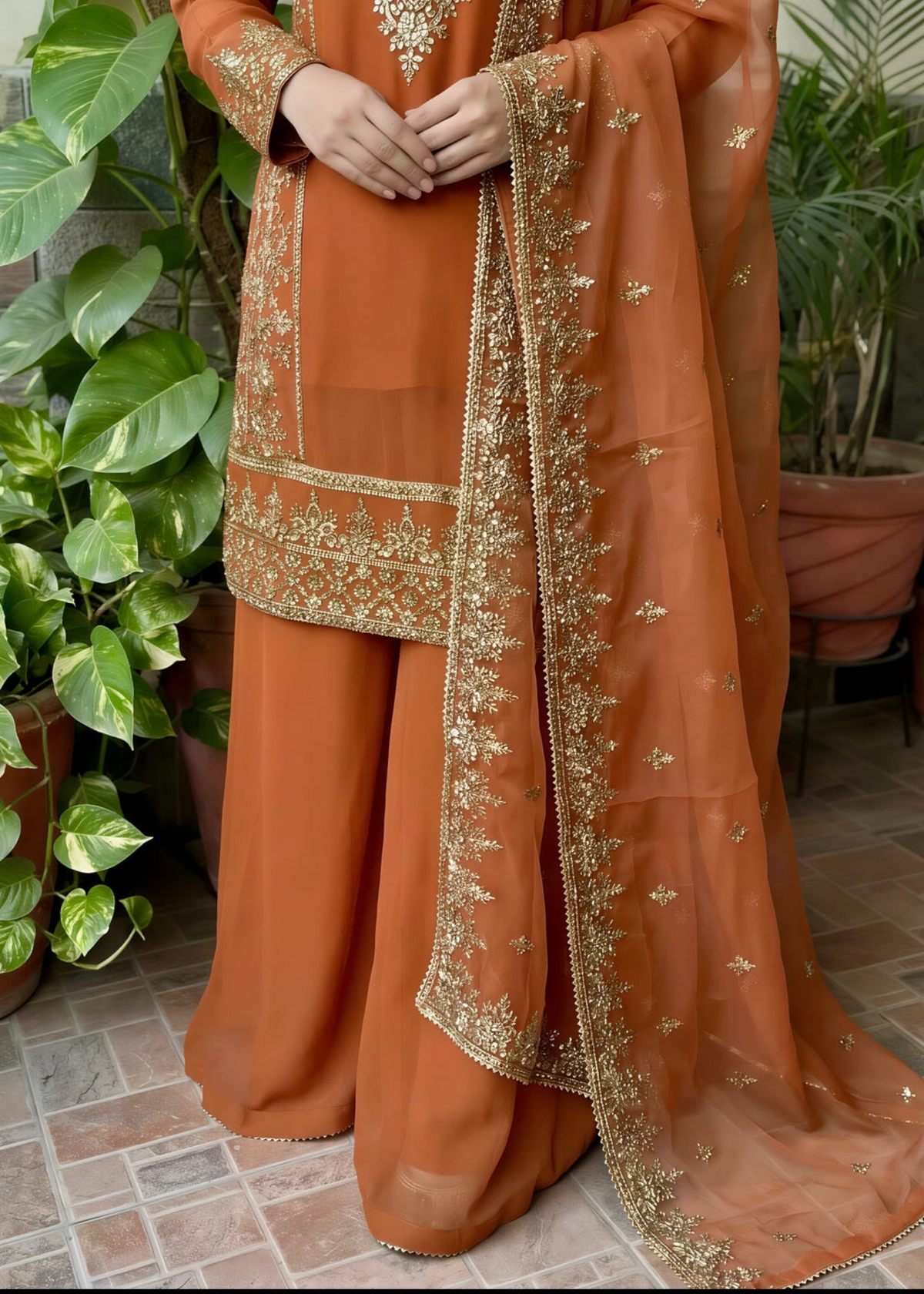 Rust Orange Embellished Sharara Set – 3 Piece