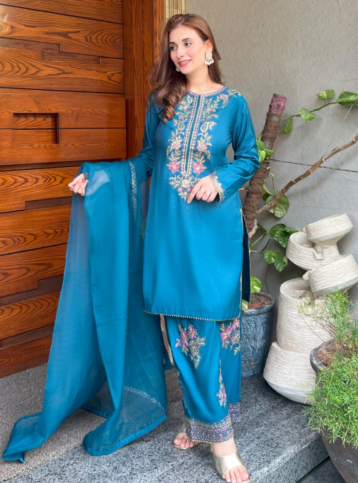 Teal Blue Kattan Silk 3-Piece Kurta Set