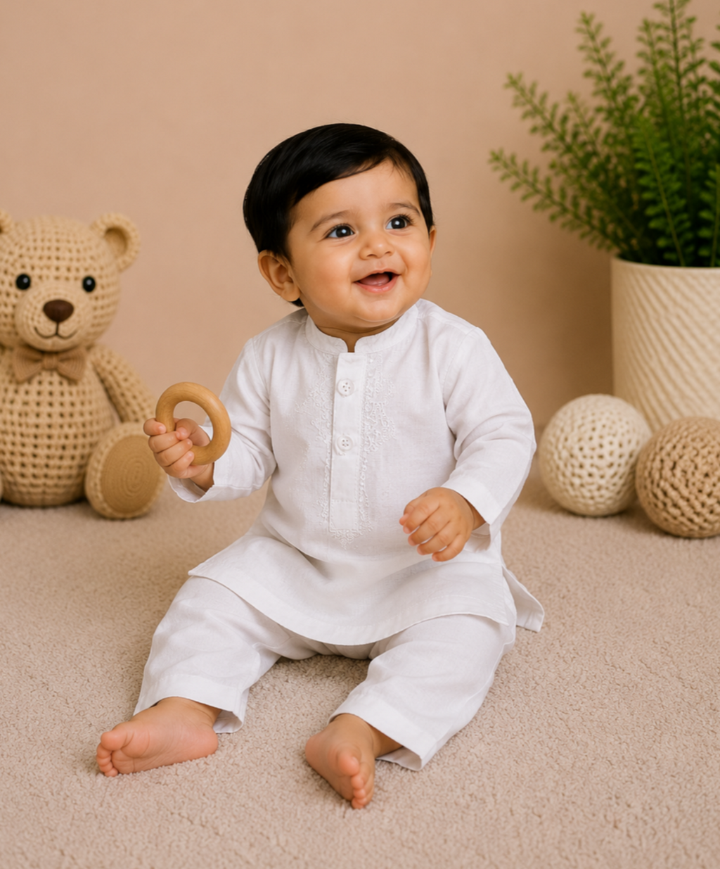 Little Baby Boy Embroidered Cotton Kurta Trouser Set – Earth Brown (Copy)