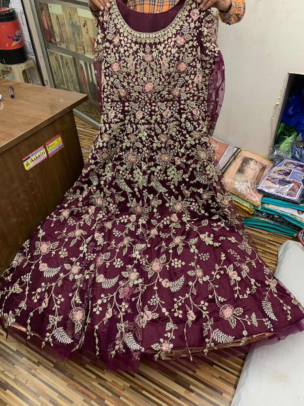 Wine Embroidered Full-Length Gown with Dupatta – Elegant Occasion Wear