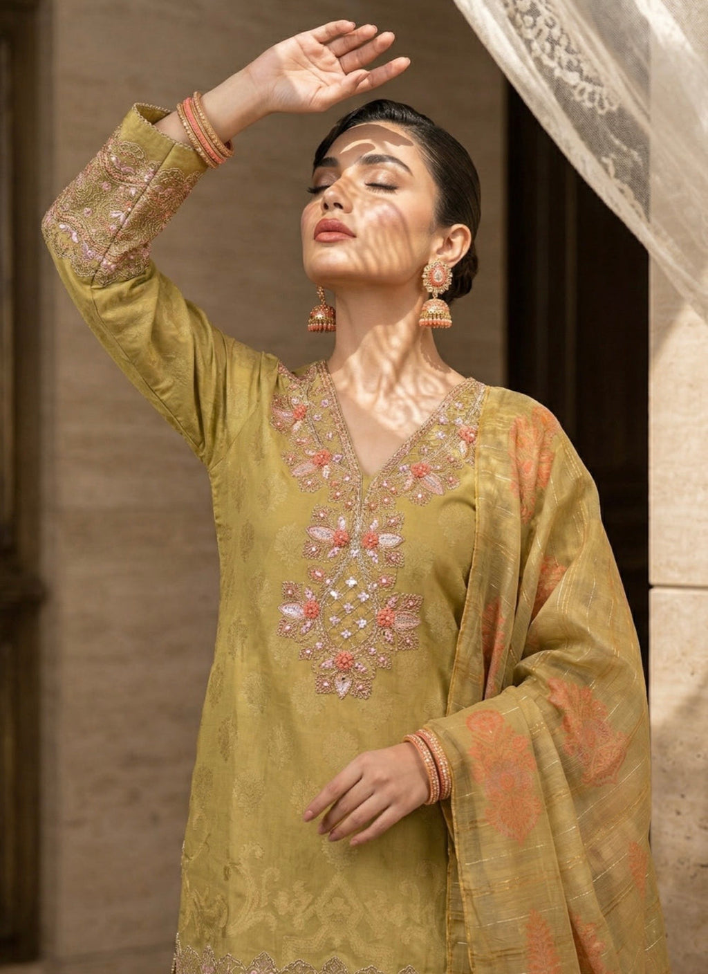 Elegant Marigold Jacquard Embroidered Suit Set