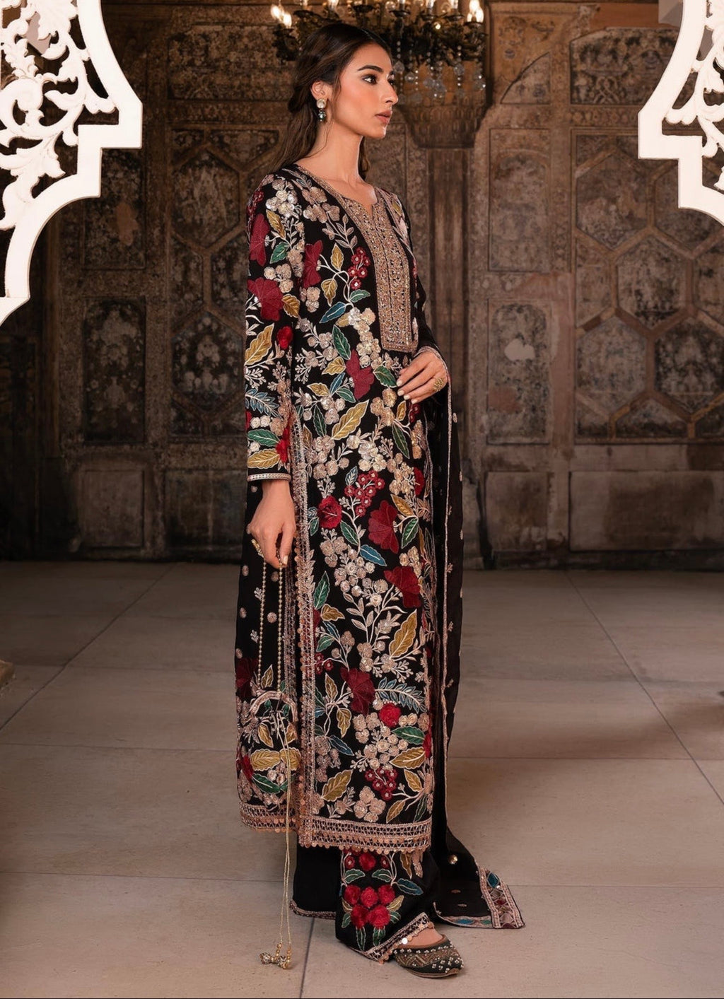 Elegant Black Chiffon Festive Suit Set with Potli Bag