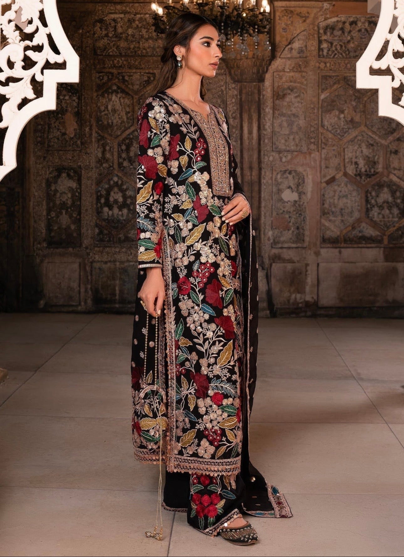 Elegant Black Chiffon Festive Suit Set with Potli Bag