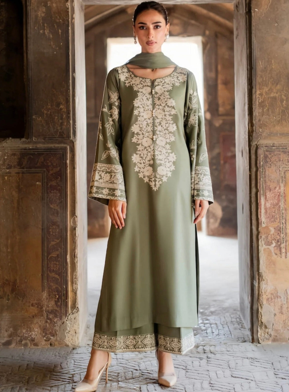 Sage Green Linen 3-Piece Kurta Set