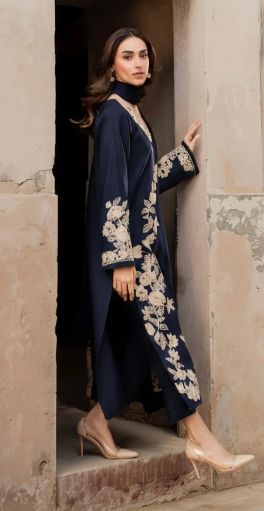 Elegant Navy Blue Embroidered Kurta Set – 3 Piece Ensemble