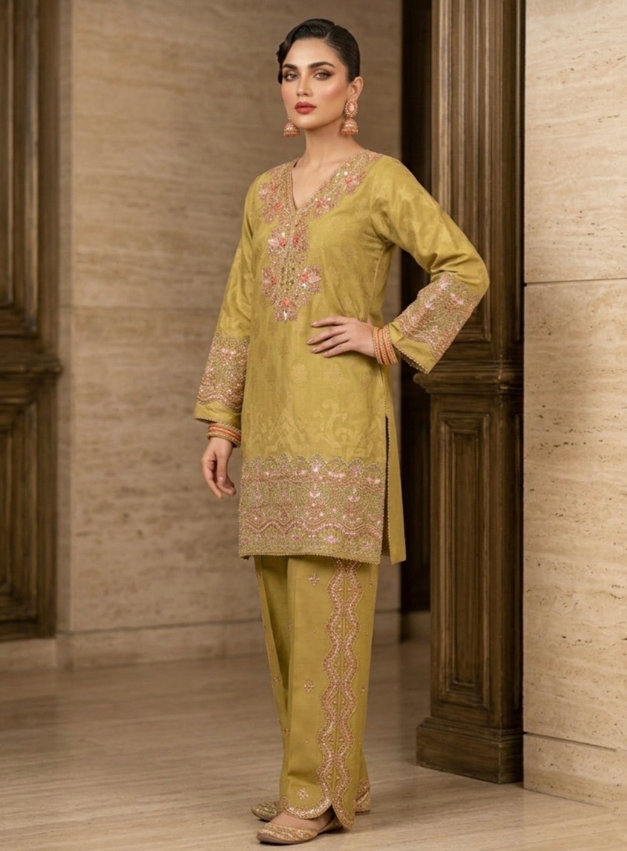Elegant Marigold Jacquard Embroidered Suit Set