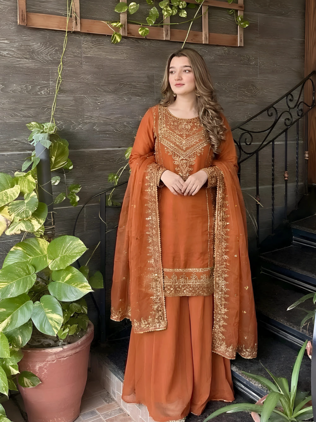 Rust Orange Embellished Sharara Set – 3 Piece