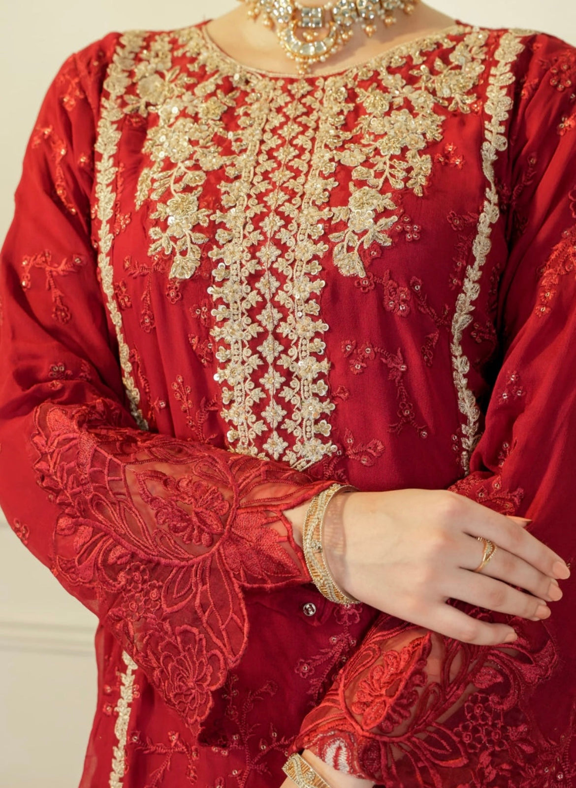 3 Piece Maroon Chiffon Embroidered Suit