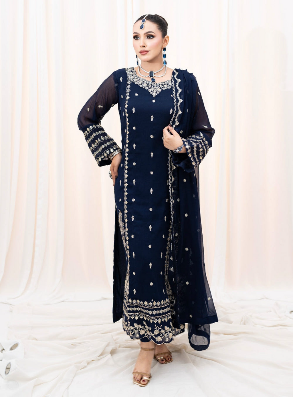 Navy Blue Embroidered Chiffon 3-Piece Suit