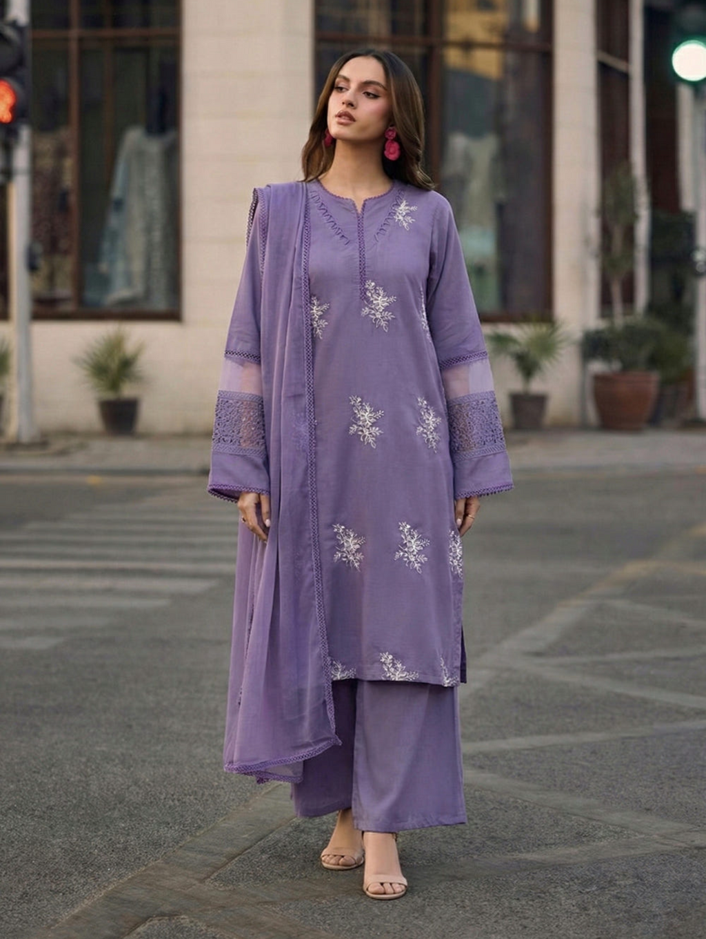 Lavender Embroidered Linen 3-Piece Kurta Palazzo Set
