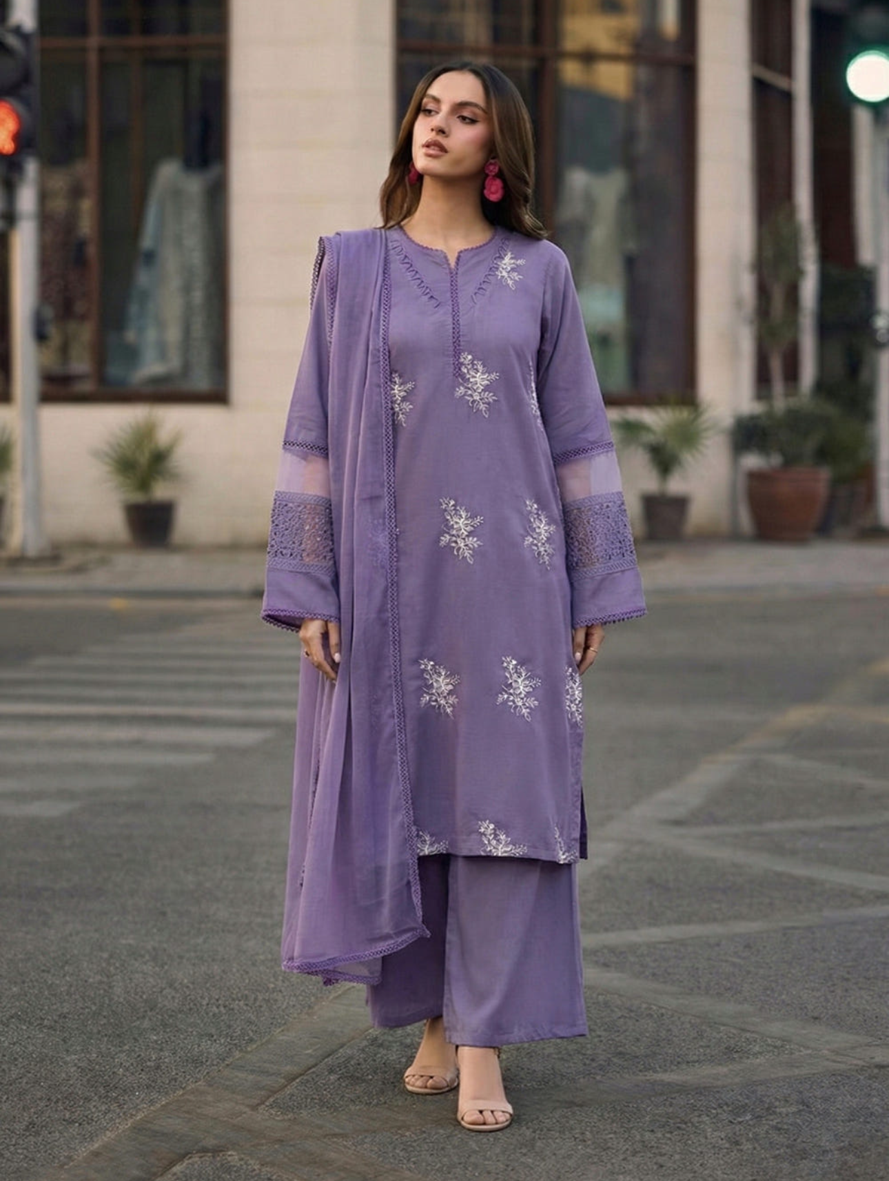 Lavender Embroidered Linen 3-Piece Kurta Palazzo Set