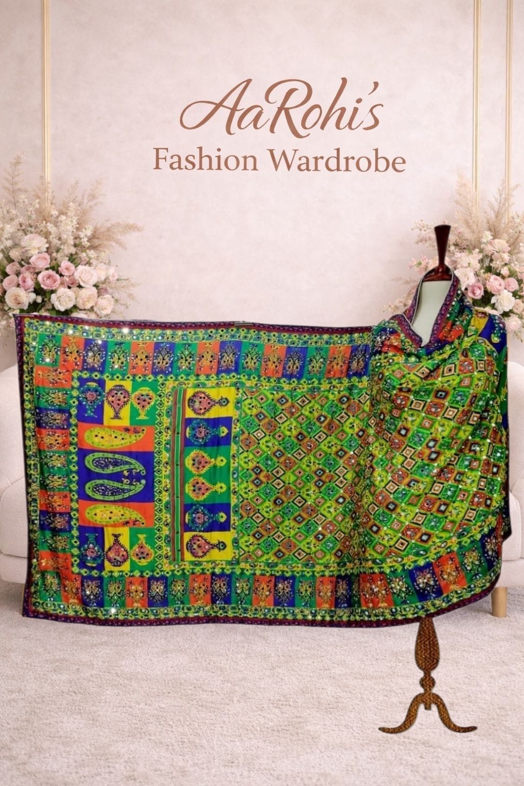 Pakistani Digital Print Satin Dupatta with Mirror Work