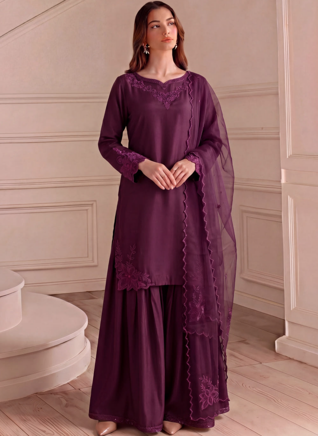 Plum Purple Embellished Silk Gharara 3-Piece Suit