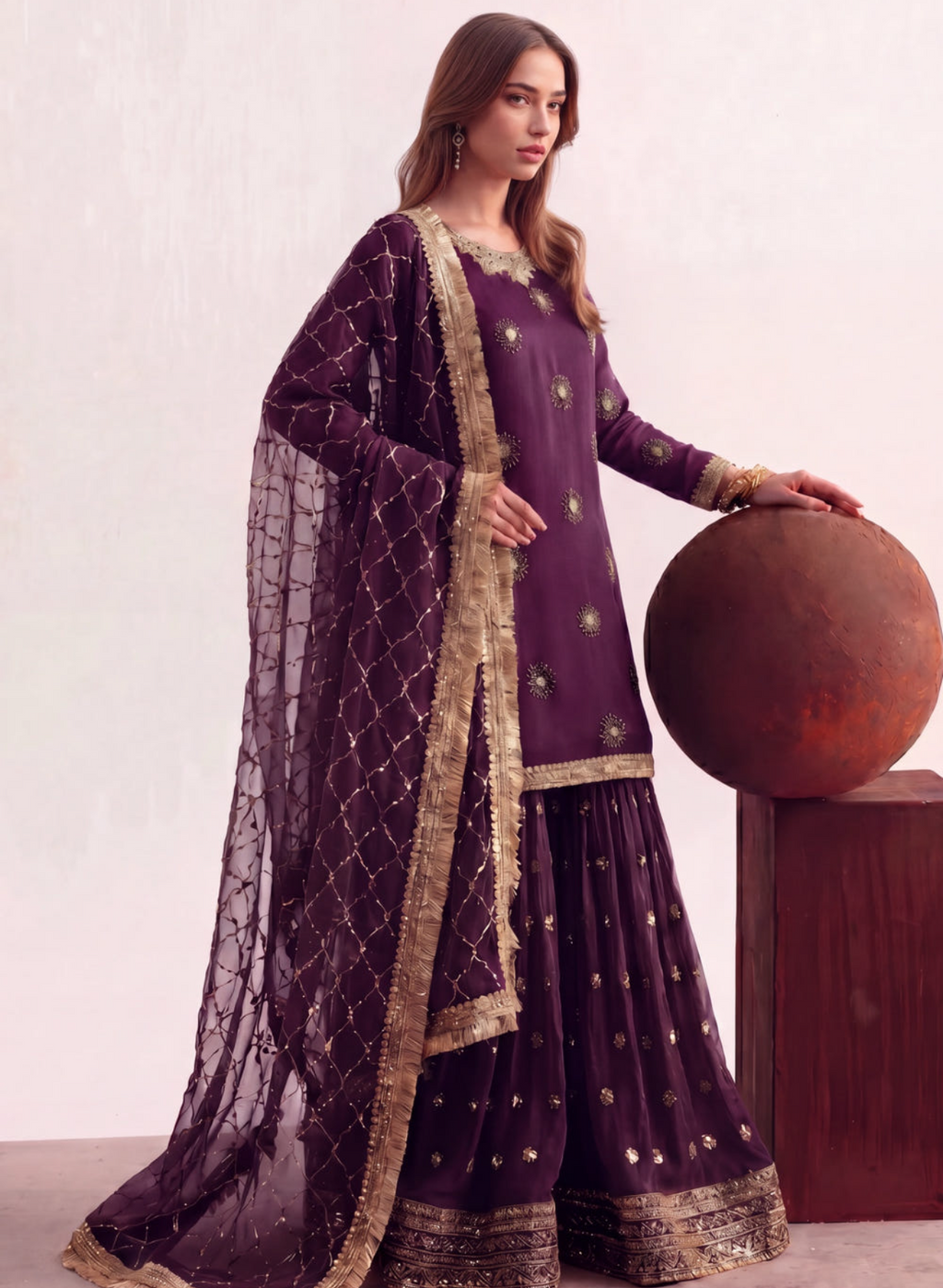 Plum Purple Embellished Chiffon Gharara Suit – 3 Piece Set