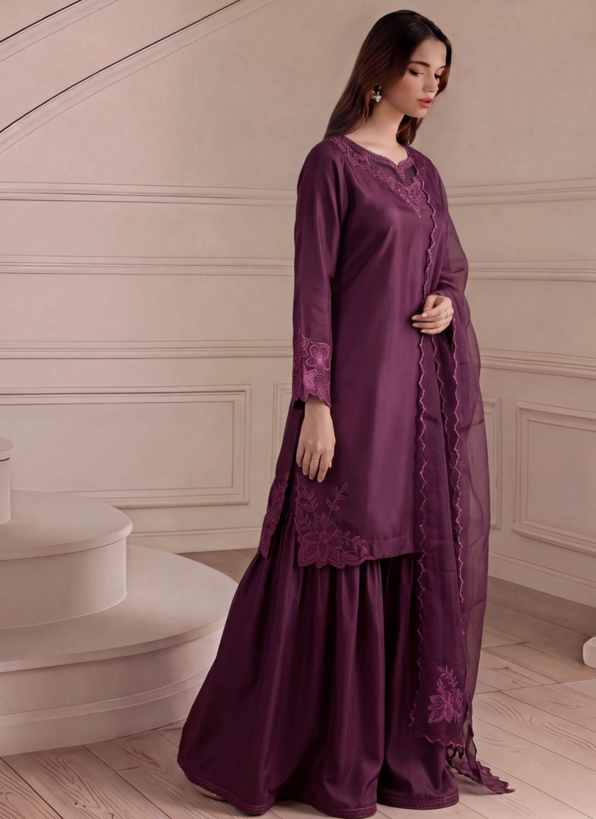 Plum Purple Embellished Silk Gharara 3-Piece Suit
