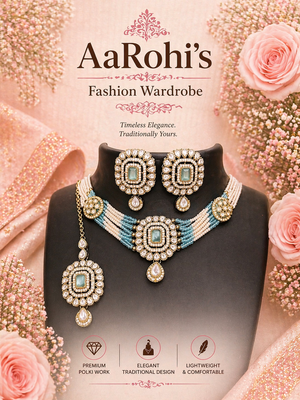 Elegant Polki Necklace Set with Earrings & Maang Tikka