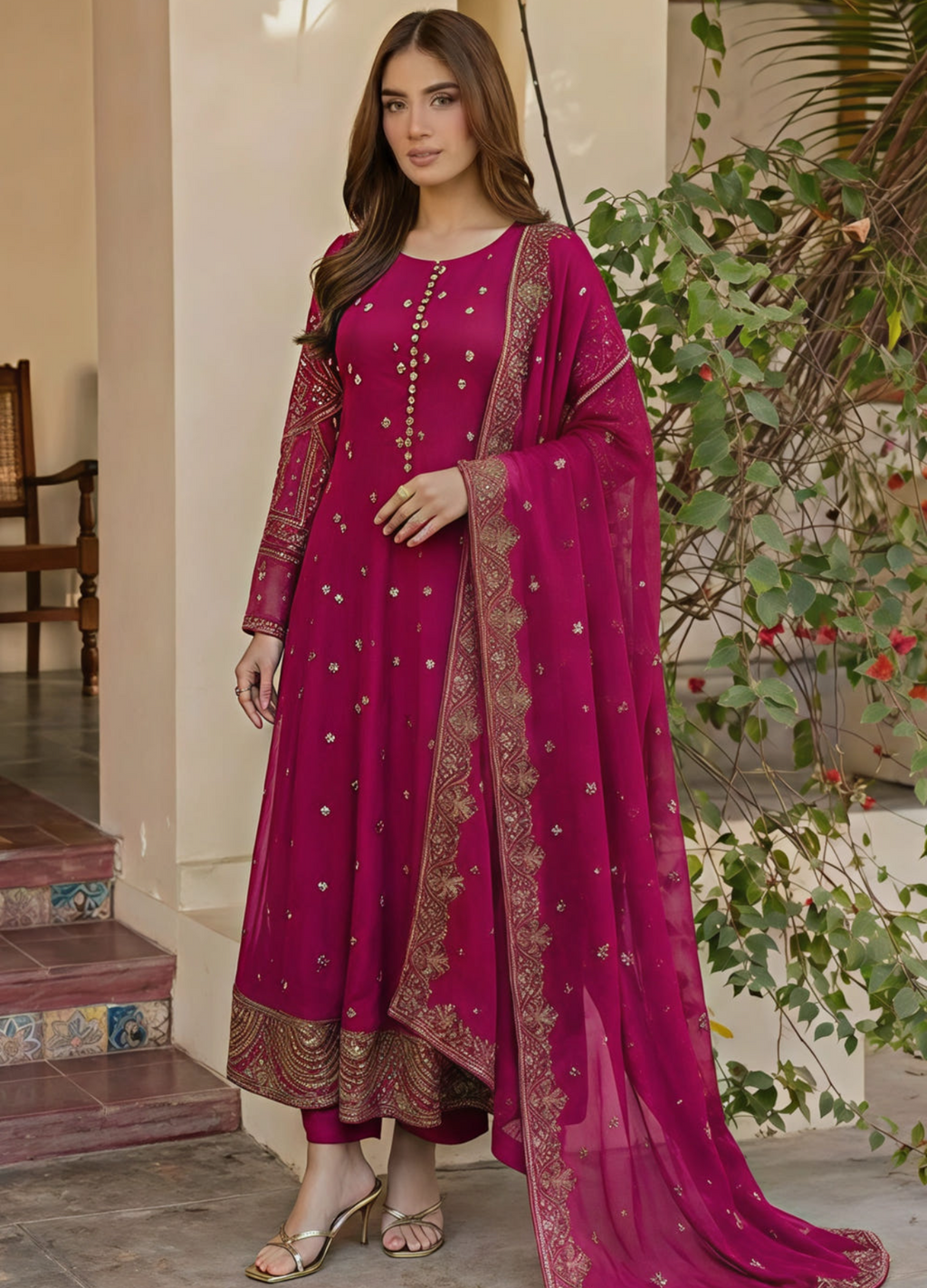 Magenta Embroidered Flared Maxi 3-Piece Suit