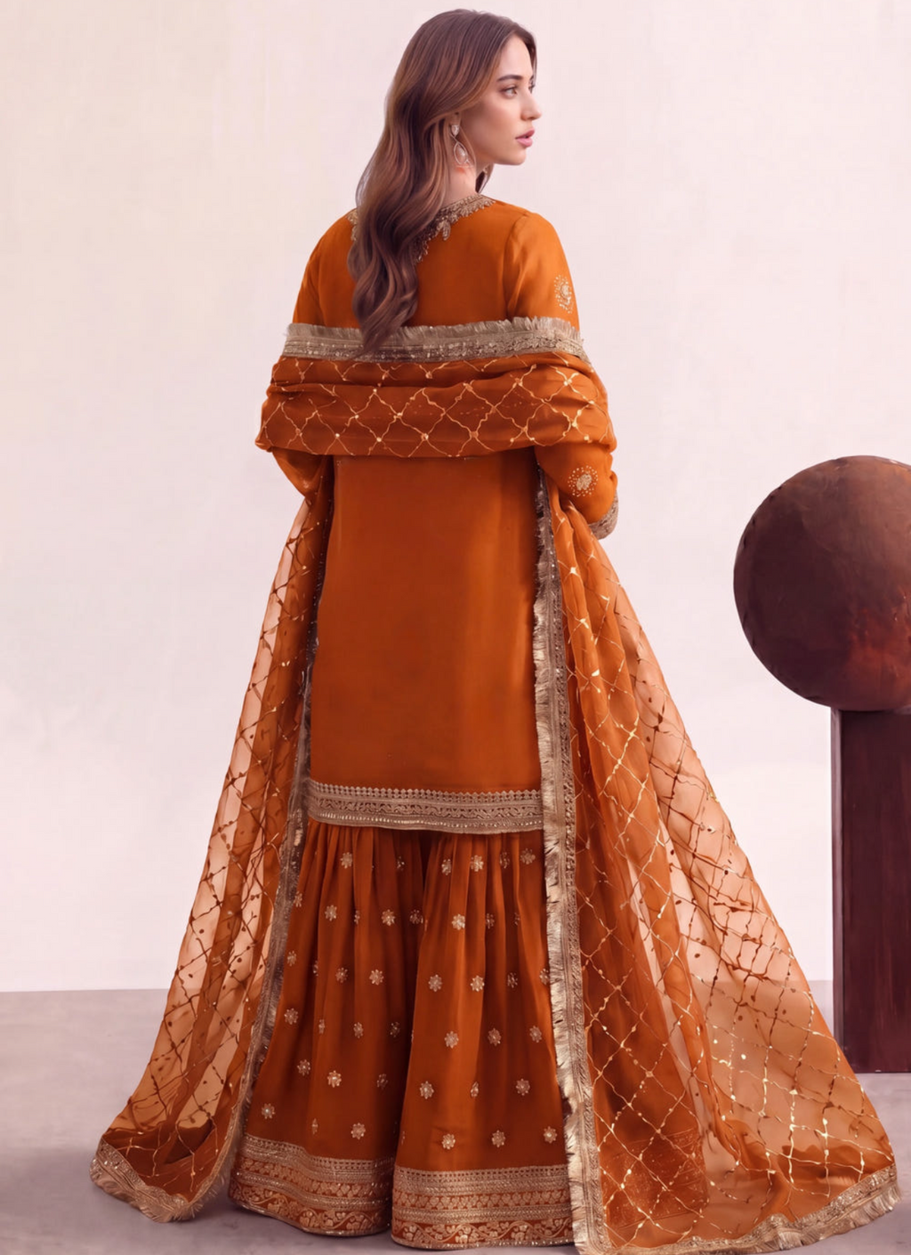 Rust Orange Embellished Chiffon Gharara Set