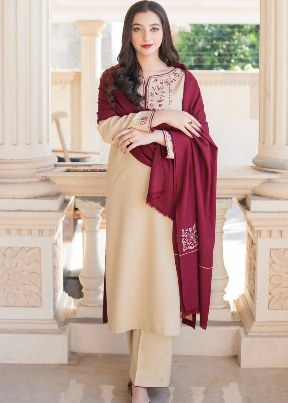 Elegant Linen Embroidered Suit Set
