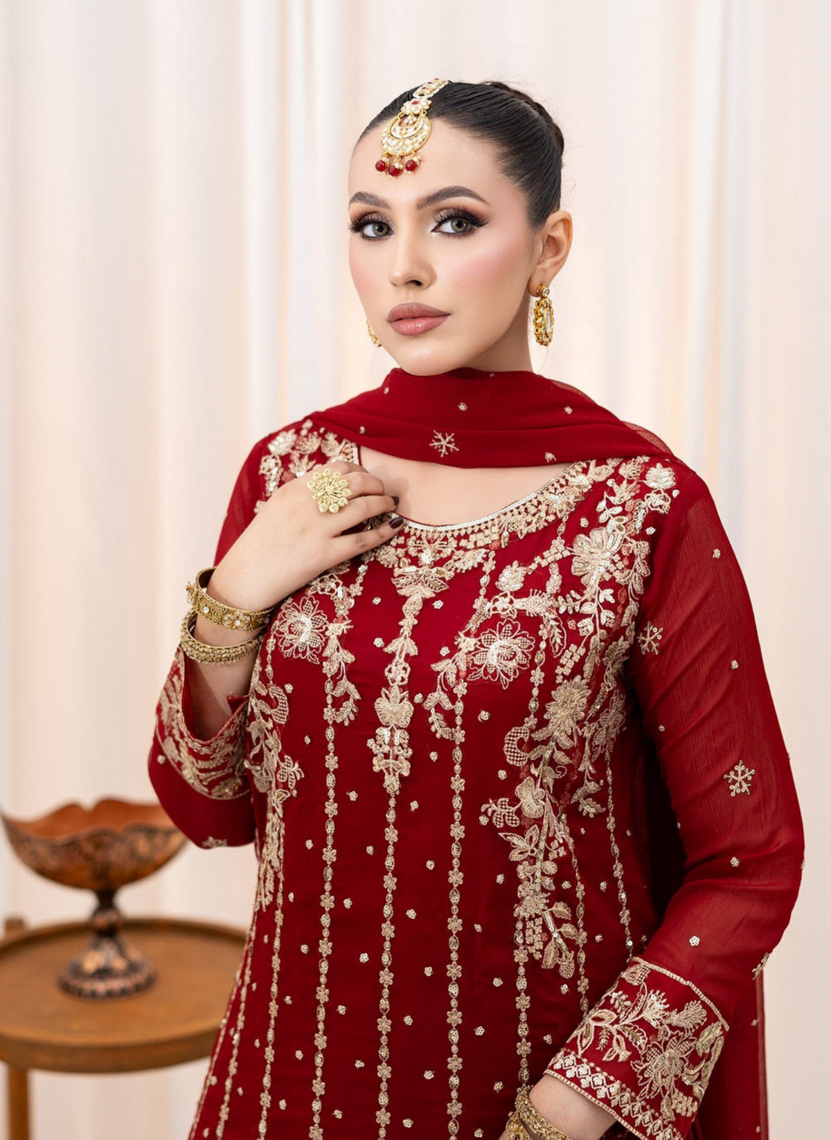 Maroon Chiffon 3-Piece Lehenga Suit