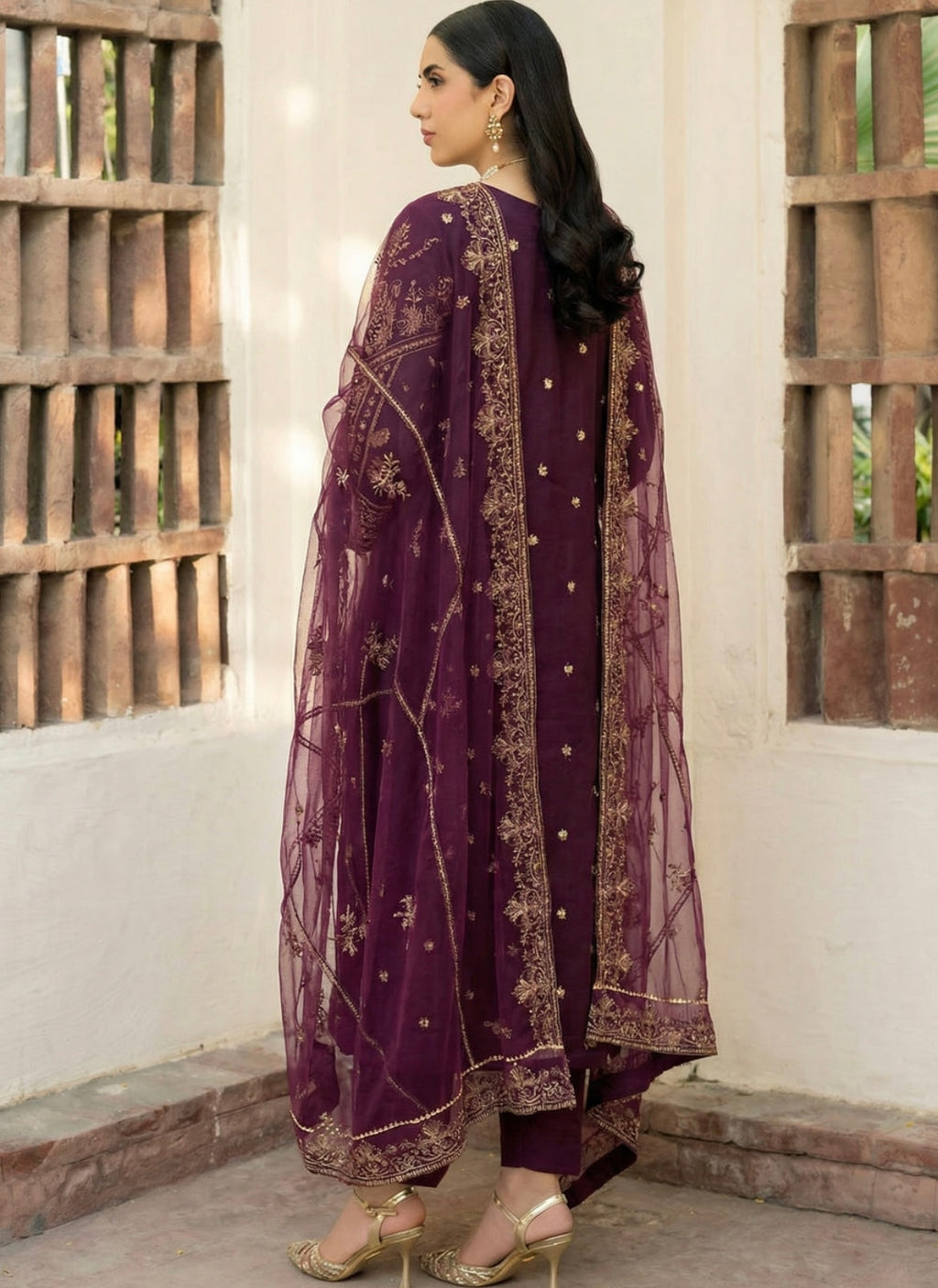 Plum Embroidered Festive Kurta Set – 3 Piece Ensemble