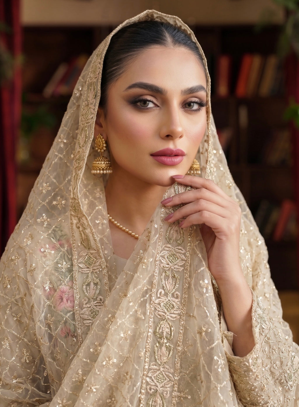 Elegant Beige Embroidered Organza Suit Set
