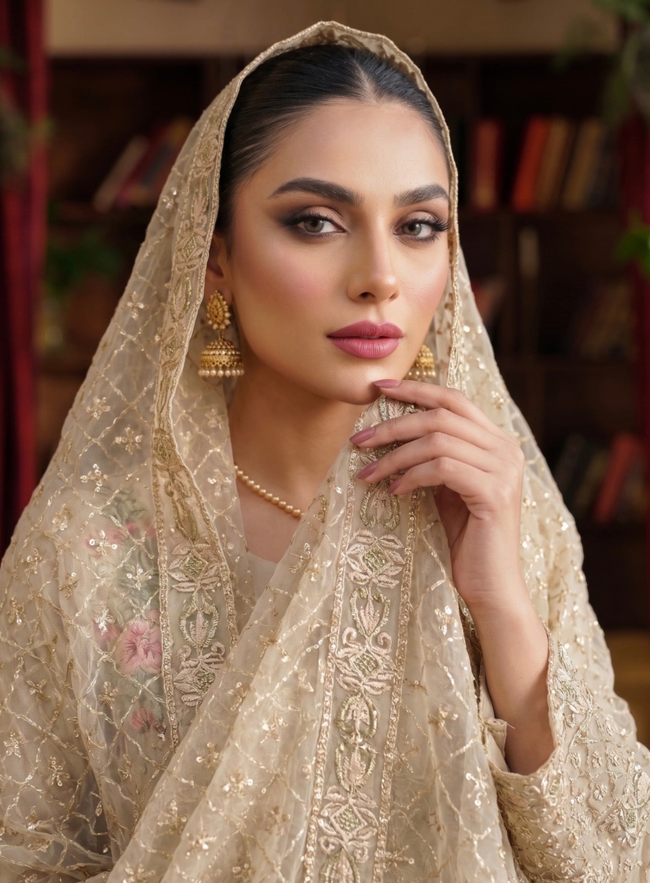 Elegant Beige Embroidered Organza Suit Set