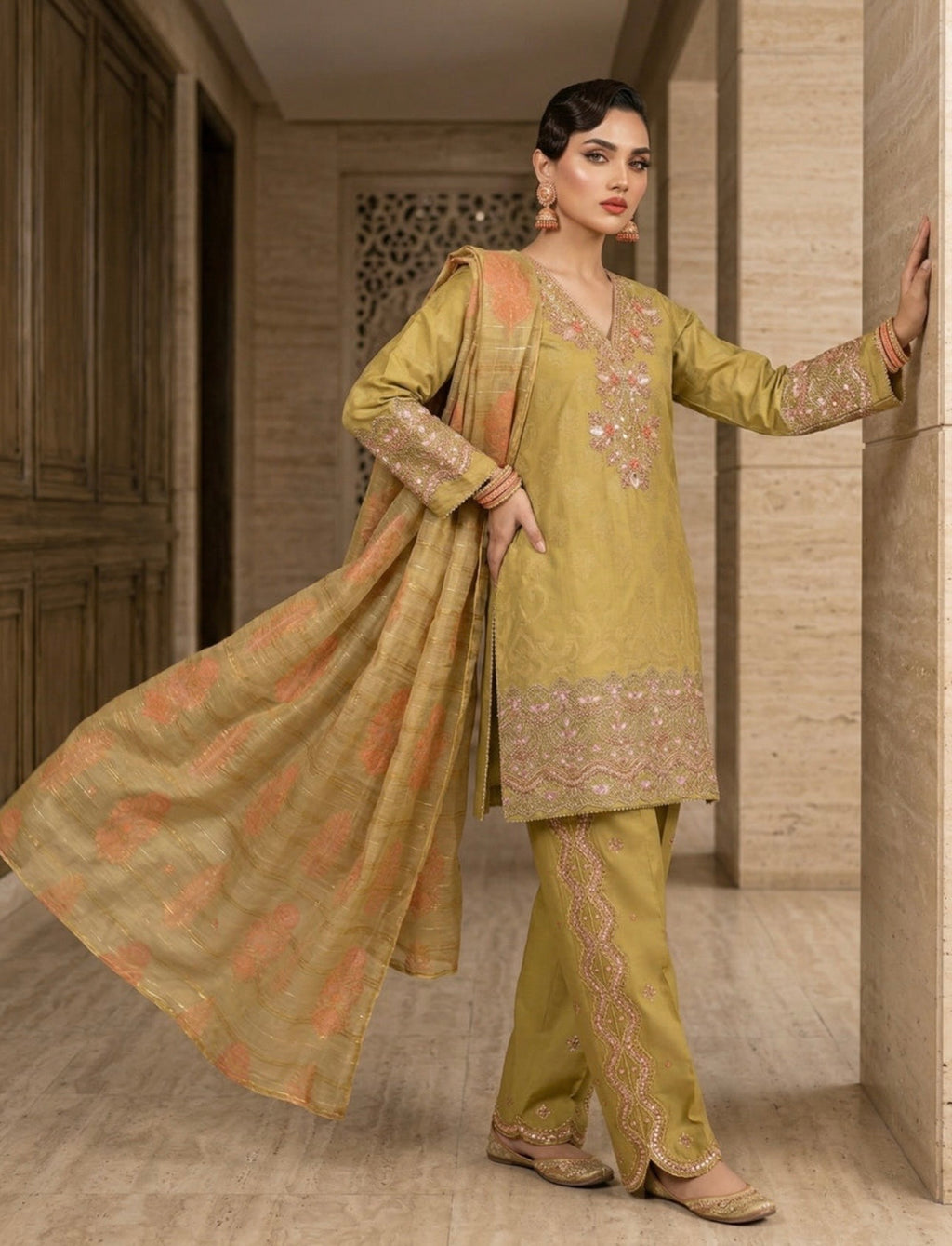 Elegant Marigold Jacquard Embroidered Suit Set