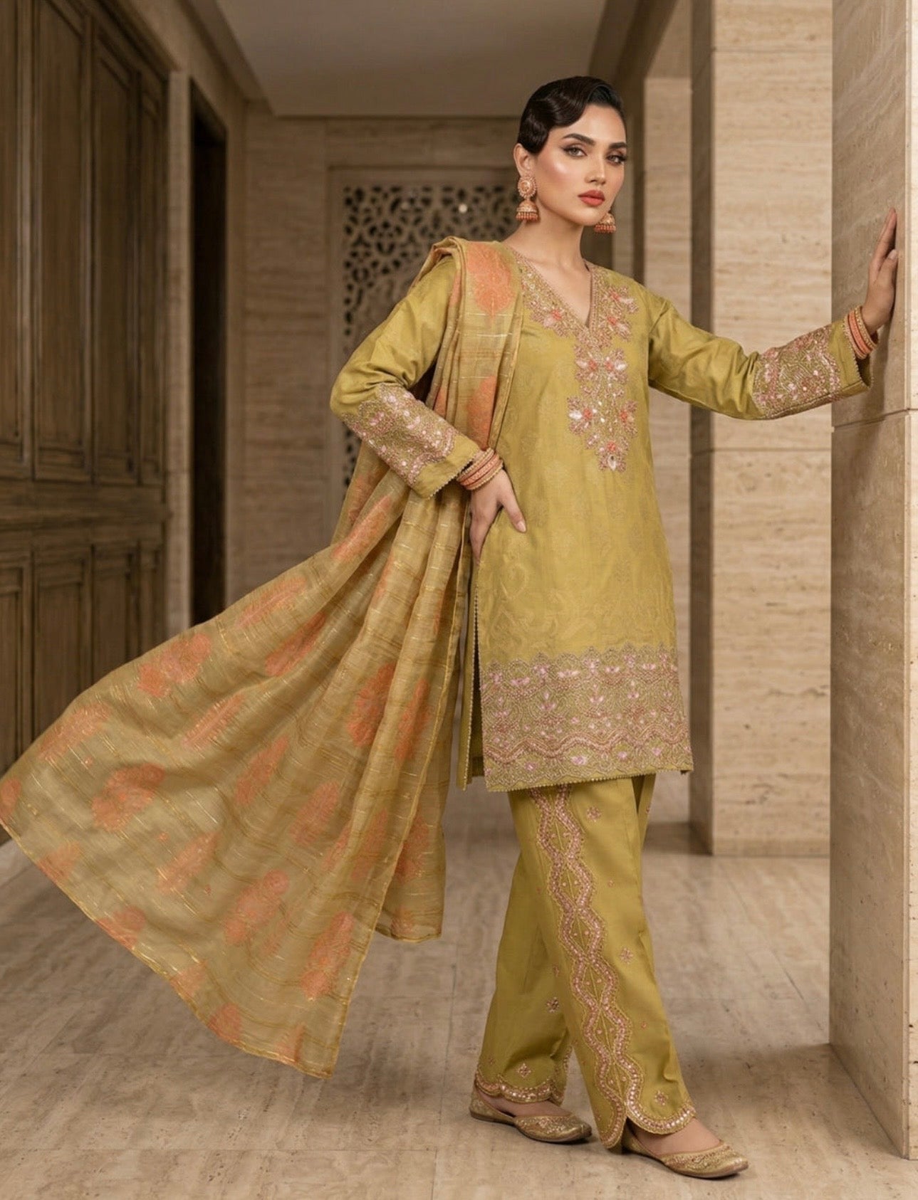 Elegant Marigold Jacquard Embroidered Suit Set