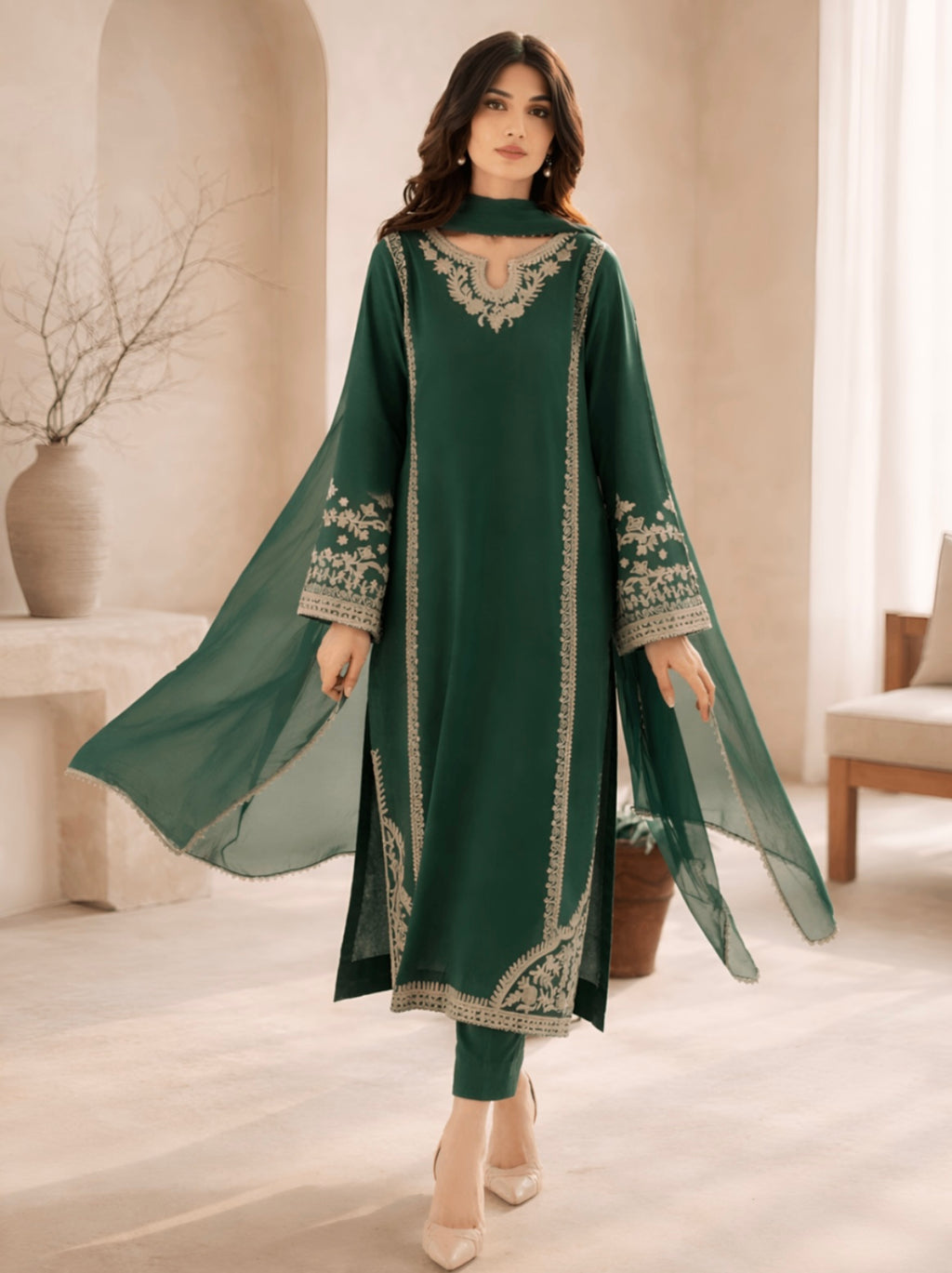 Green Embroidered Suit- 3pc