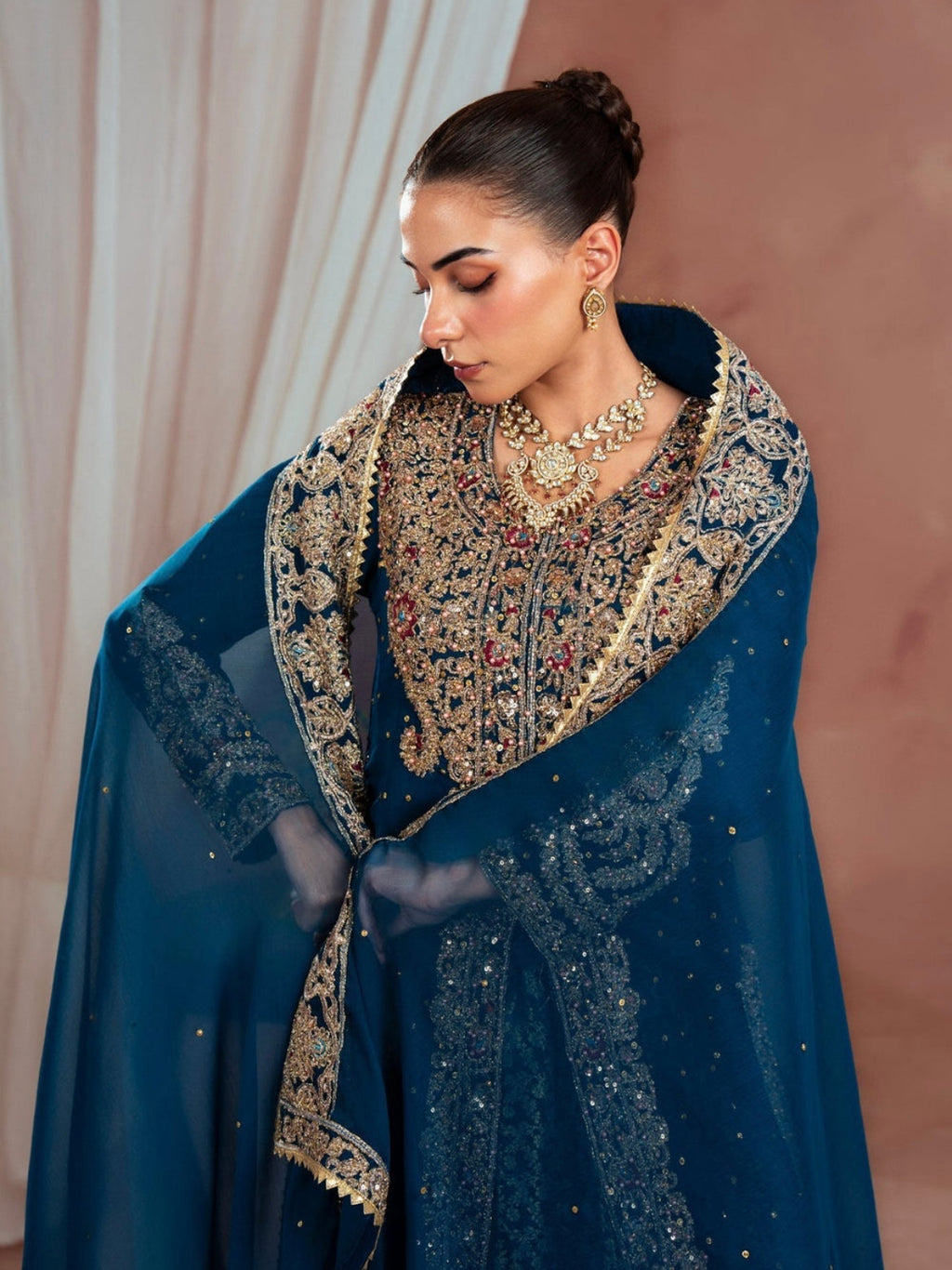 Luxury Teal Embroidered Chiffon Gown with Jamawar Lehenga (4 Piece Suit)