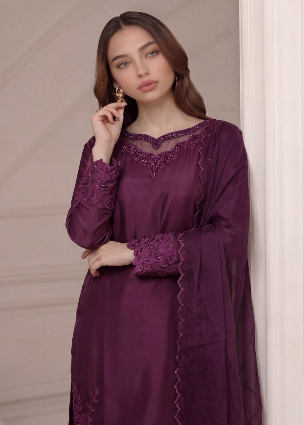 Plum Purple Embellished Silk Gharara 3-Piece Suit