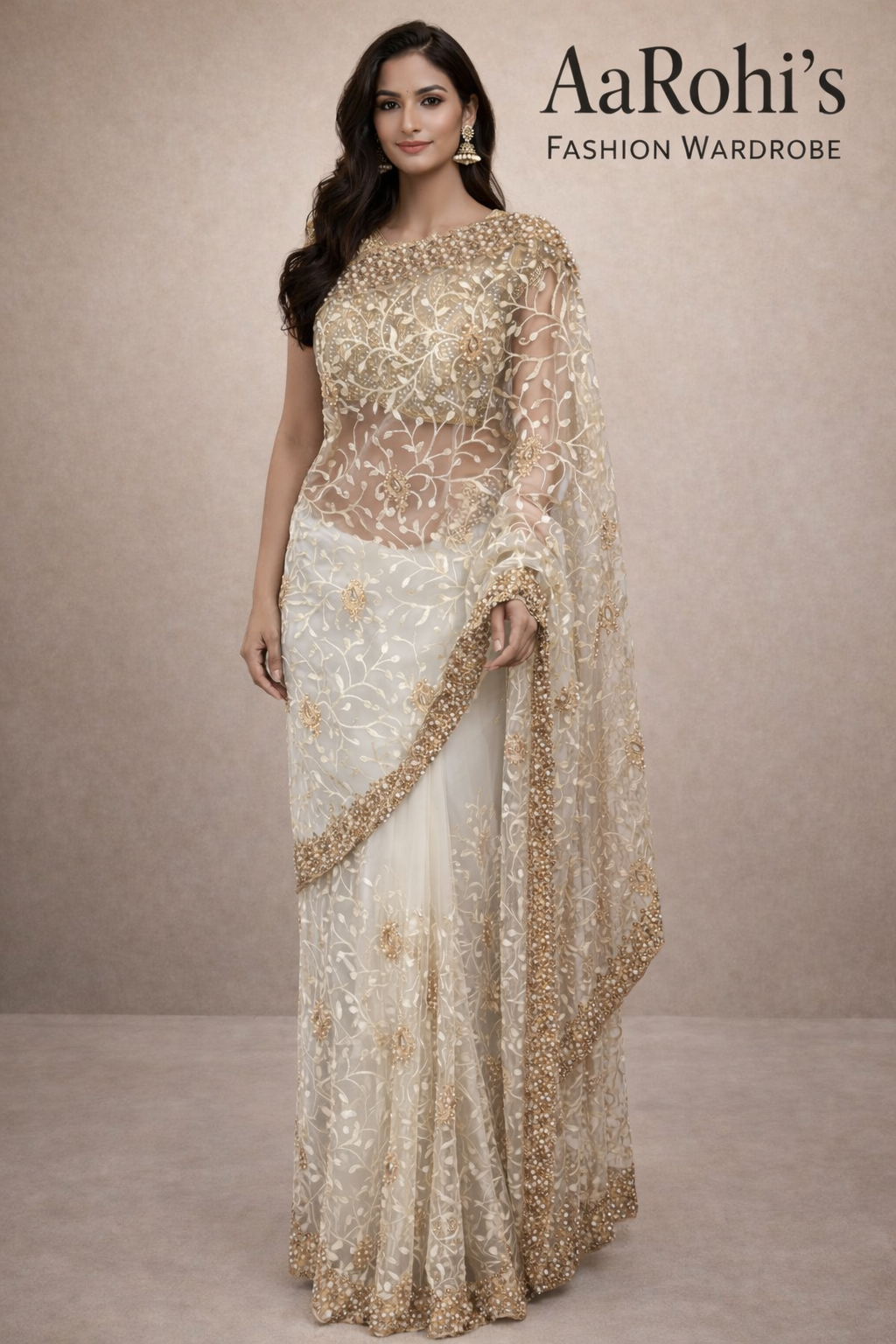 Ivory & Gold Embroidered Designer Saree