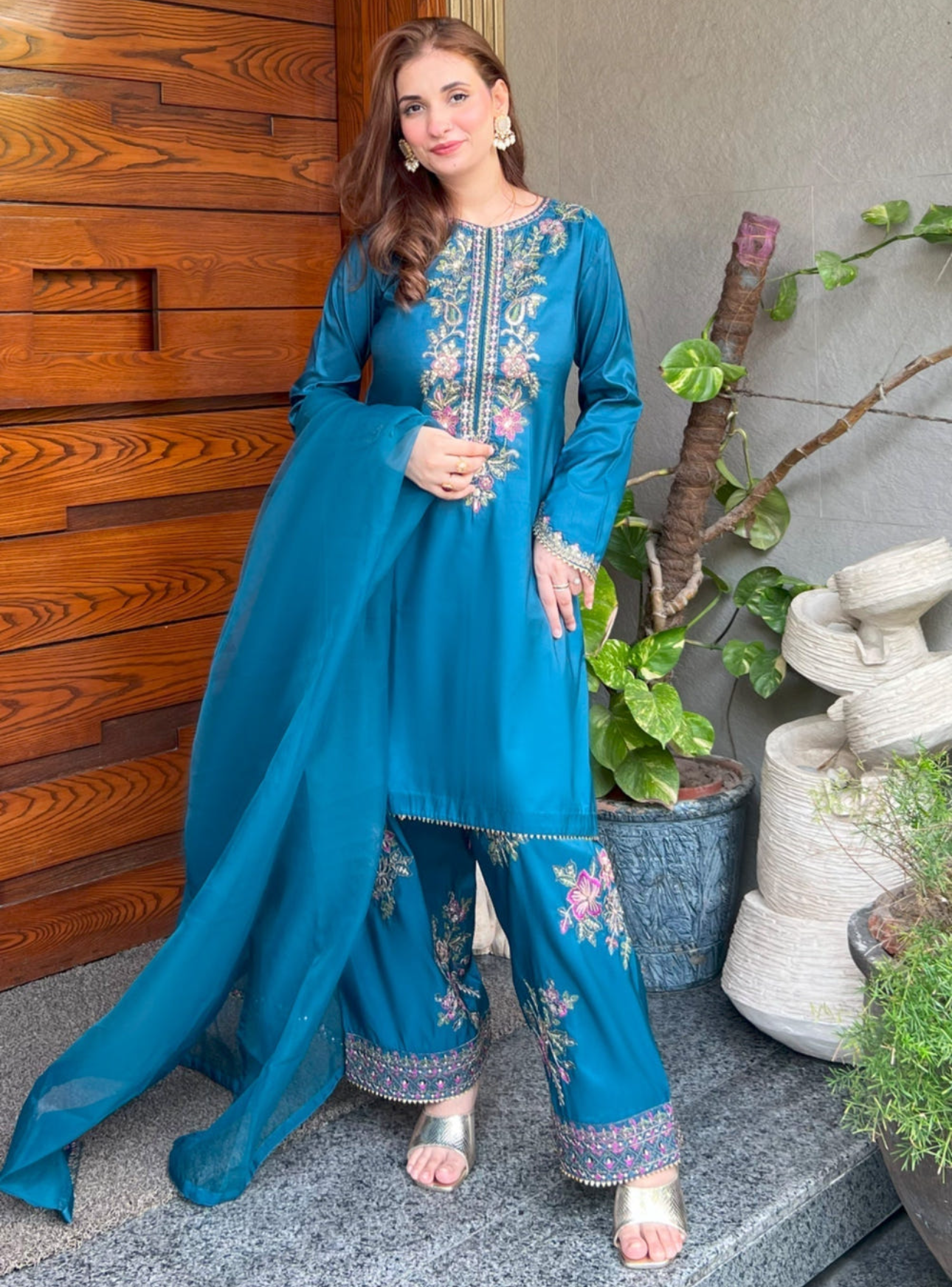 Teal Blue Kattan Silk 3-Piece Kurta Set