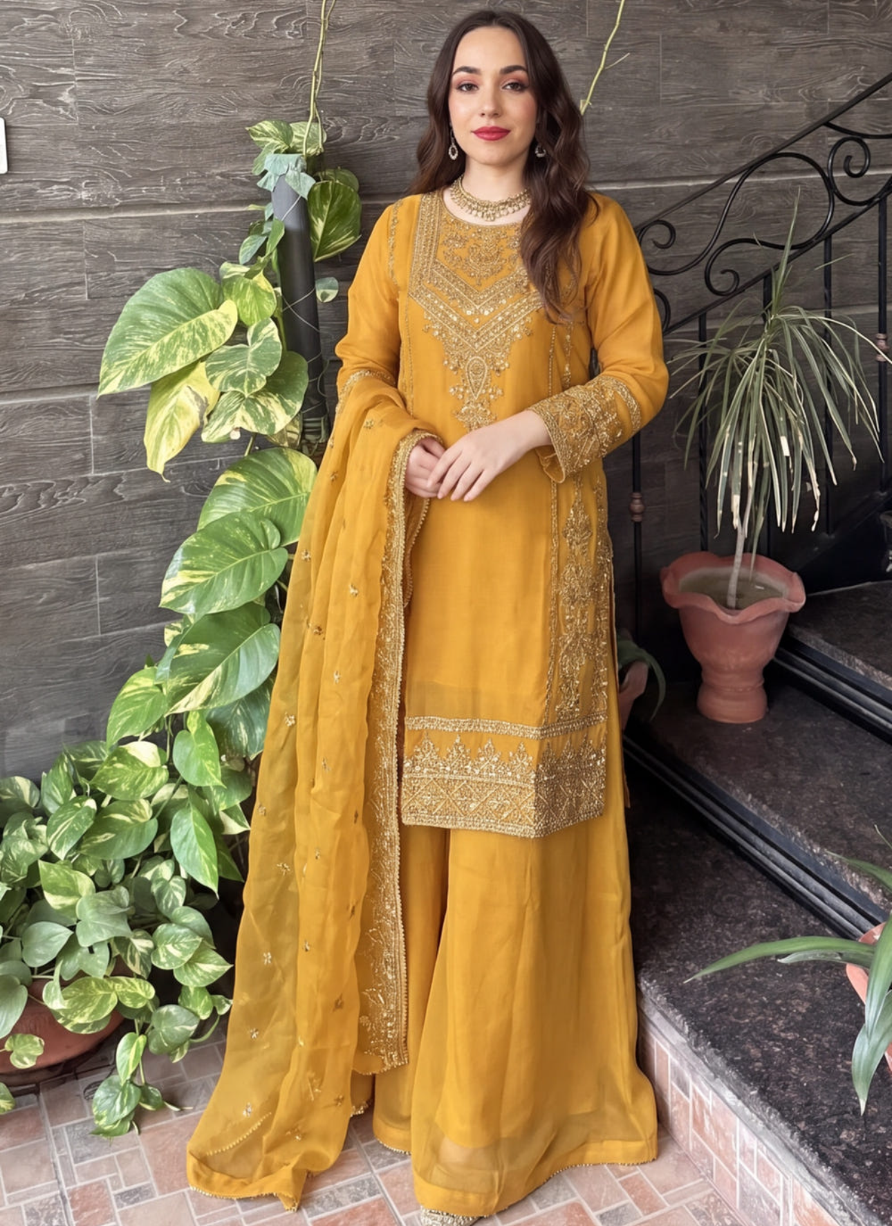 Mustard Embellished Chiffon Sharara Set