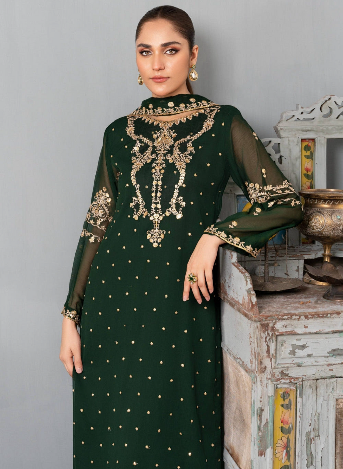 Dark Green Luxury Embroidered Chiffon 3-Piece Suit