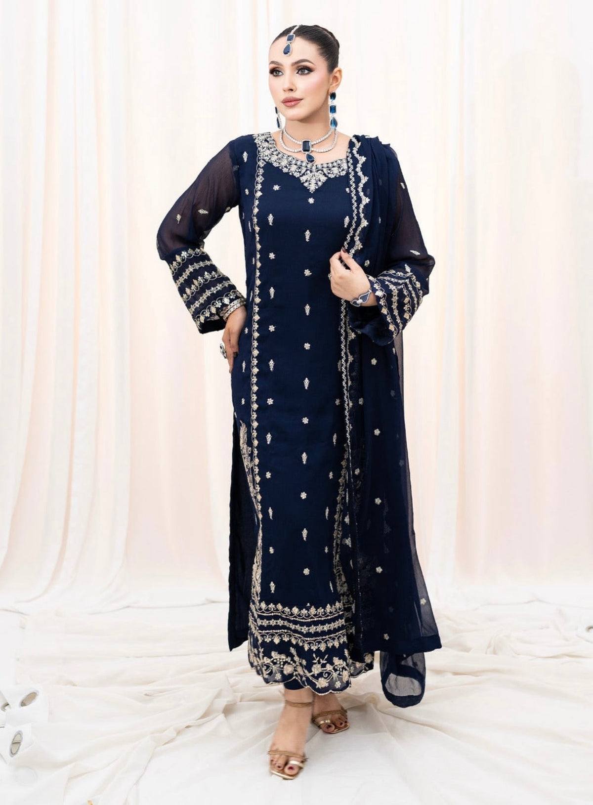 Navy Blue 3-Piece Chiffon Suit