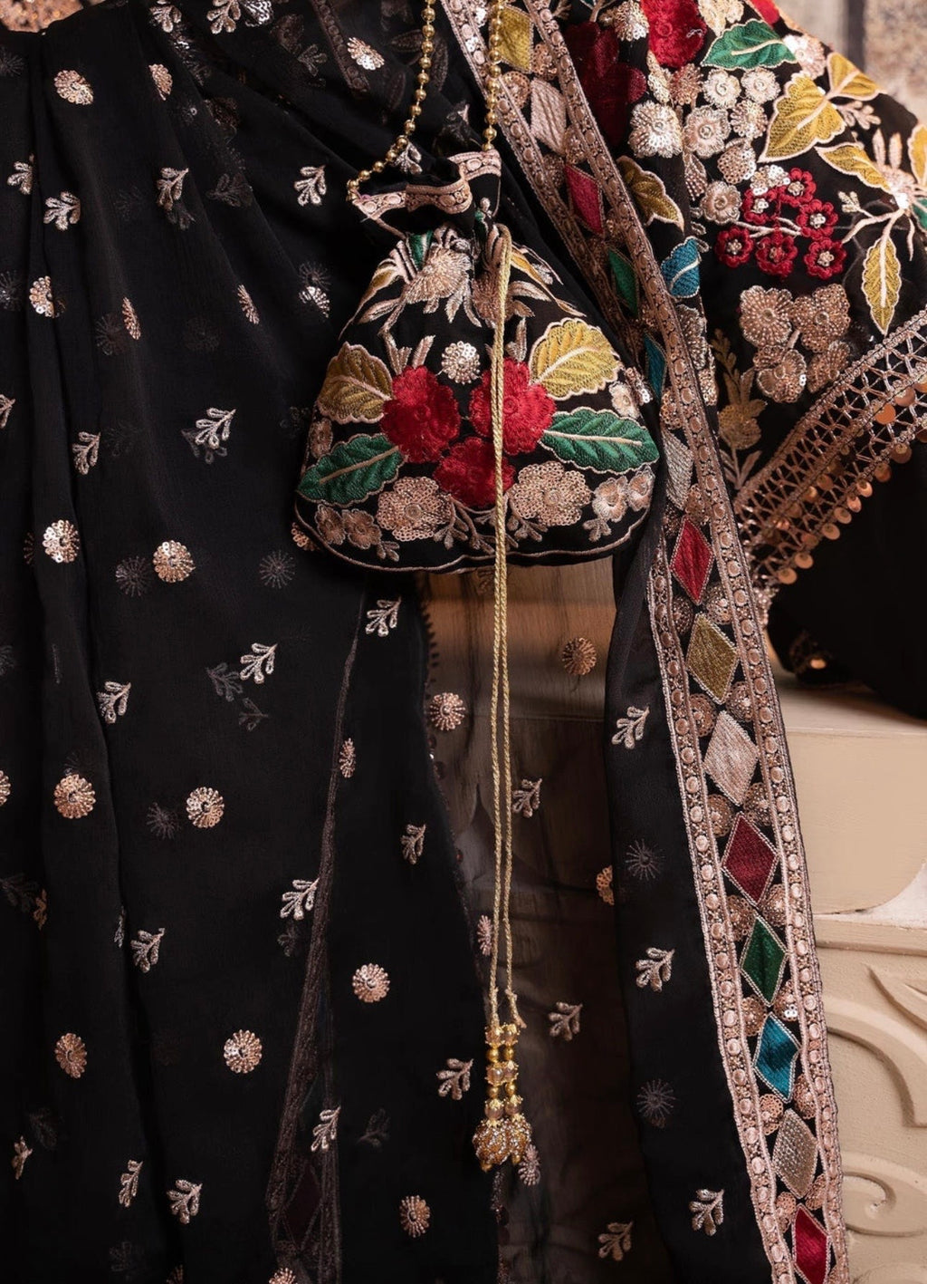 Elegant Black Chiffon Festive Suit Set with Potli Bag