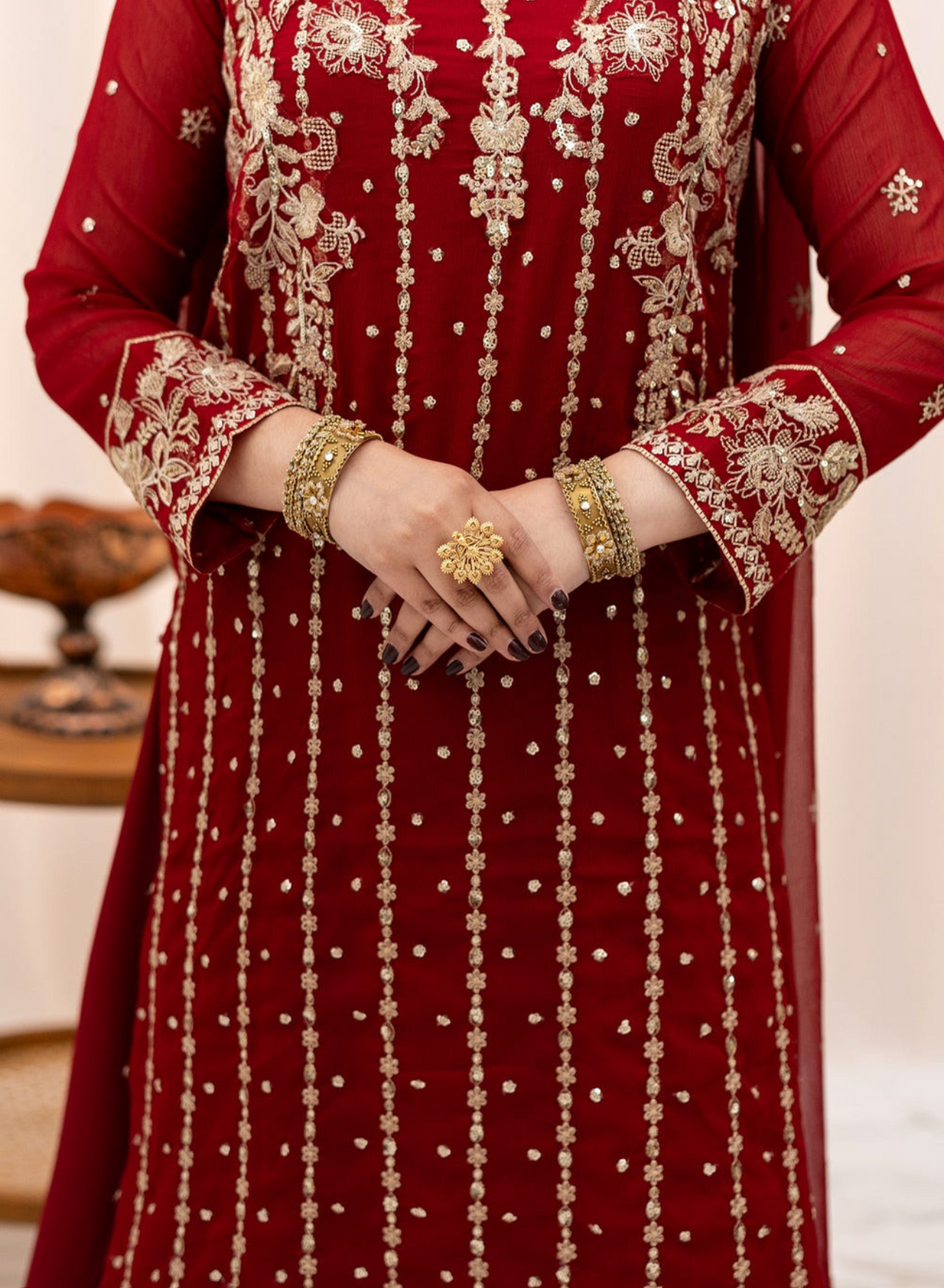 Maroon Chiffon 3-Piece Lehenga Suit
