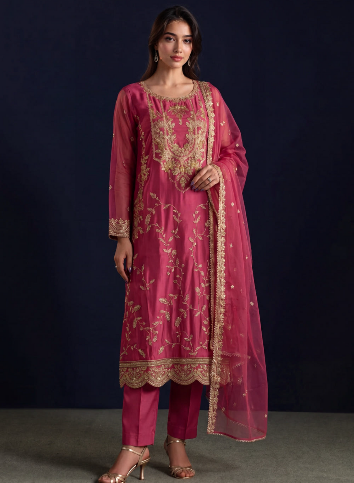 Hot Pink Embellished Silk 3-Piece Suit