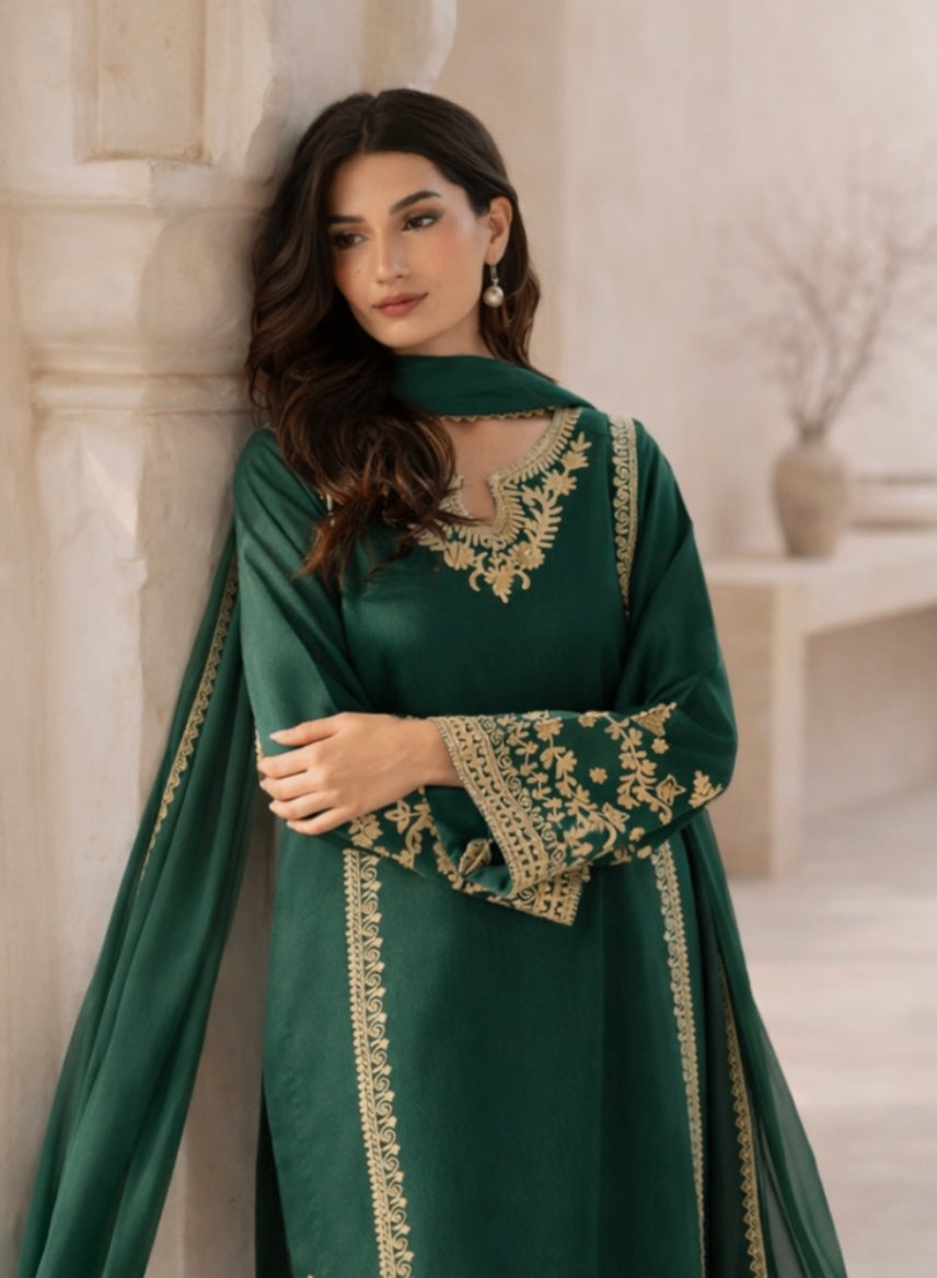 Green Embroidered Suit- 3pc