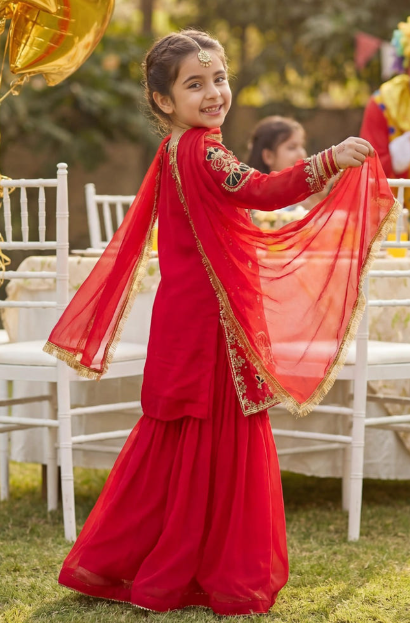Red Embroidered Chiffon Sharara 3-Piece Set