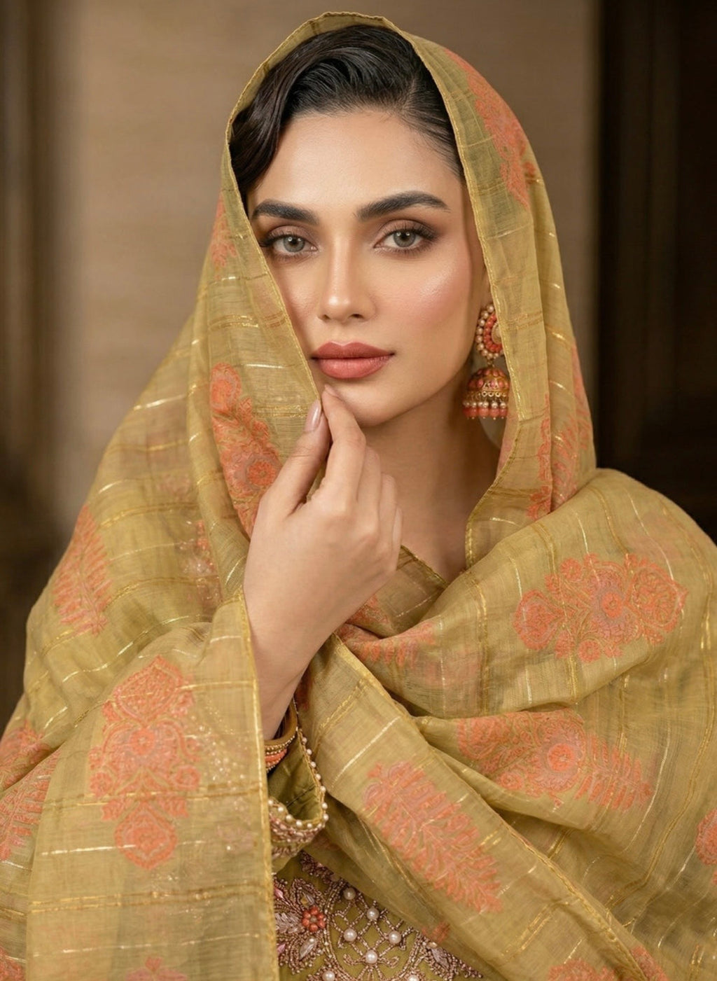 Elegant Marigold Jacquard Embroidered Suit Set