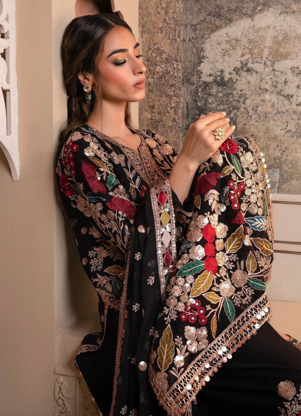 Elegant Black Chiffon Festive Suit Set with Potli Bag