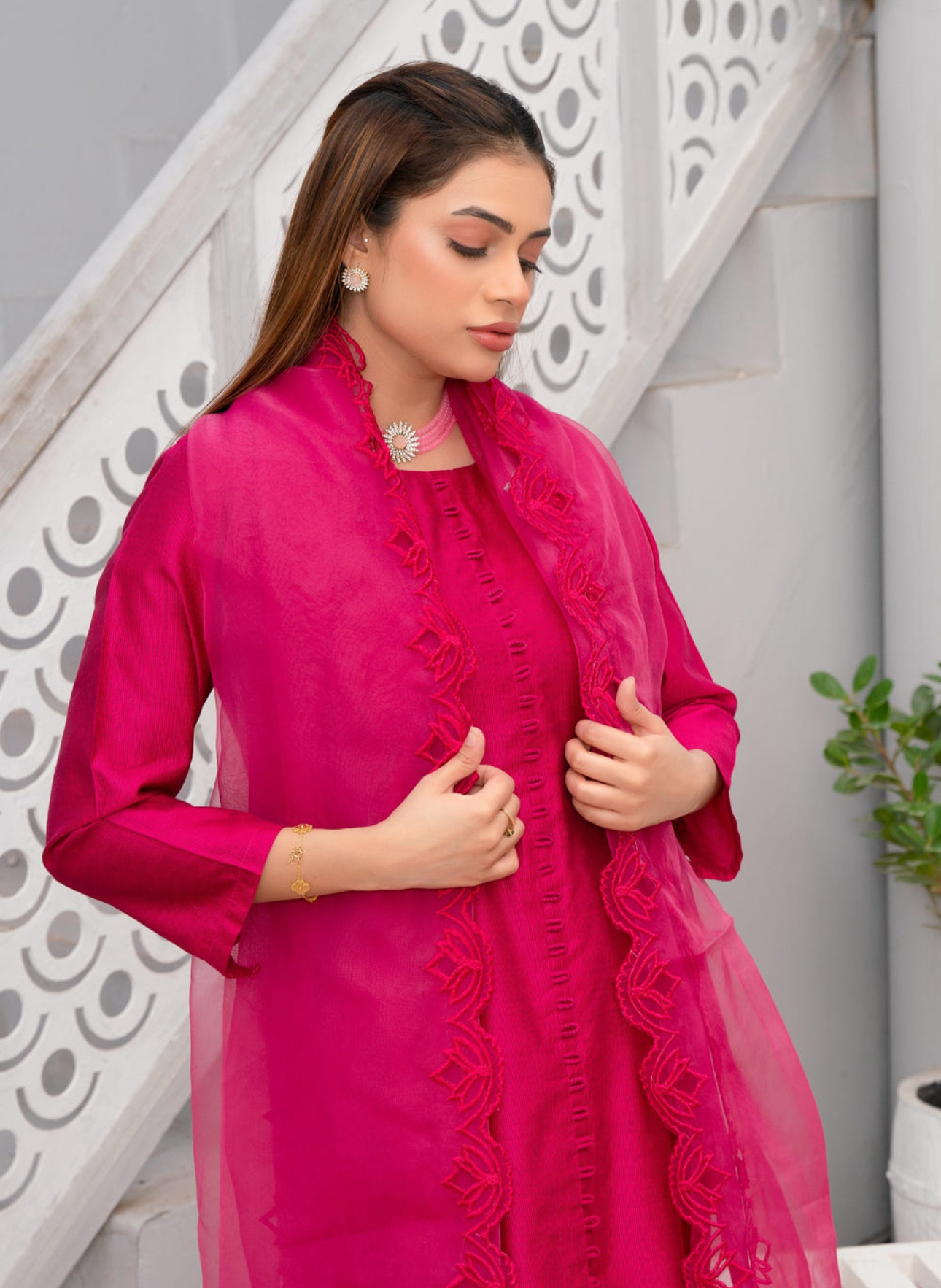 Hot Pink Embroidered Khaddi Silk 3-Piece Suit