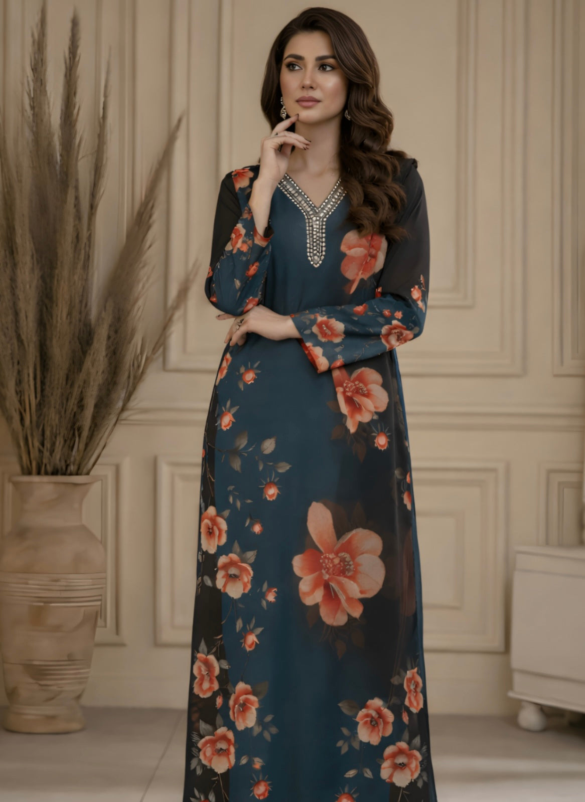 Teal & Black Floral Printed Kurta Set – 2 Piece