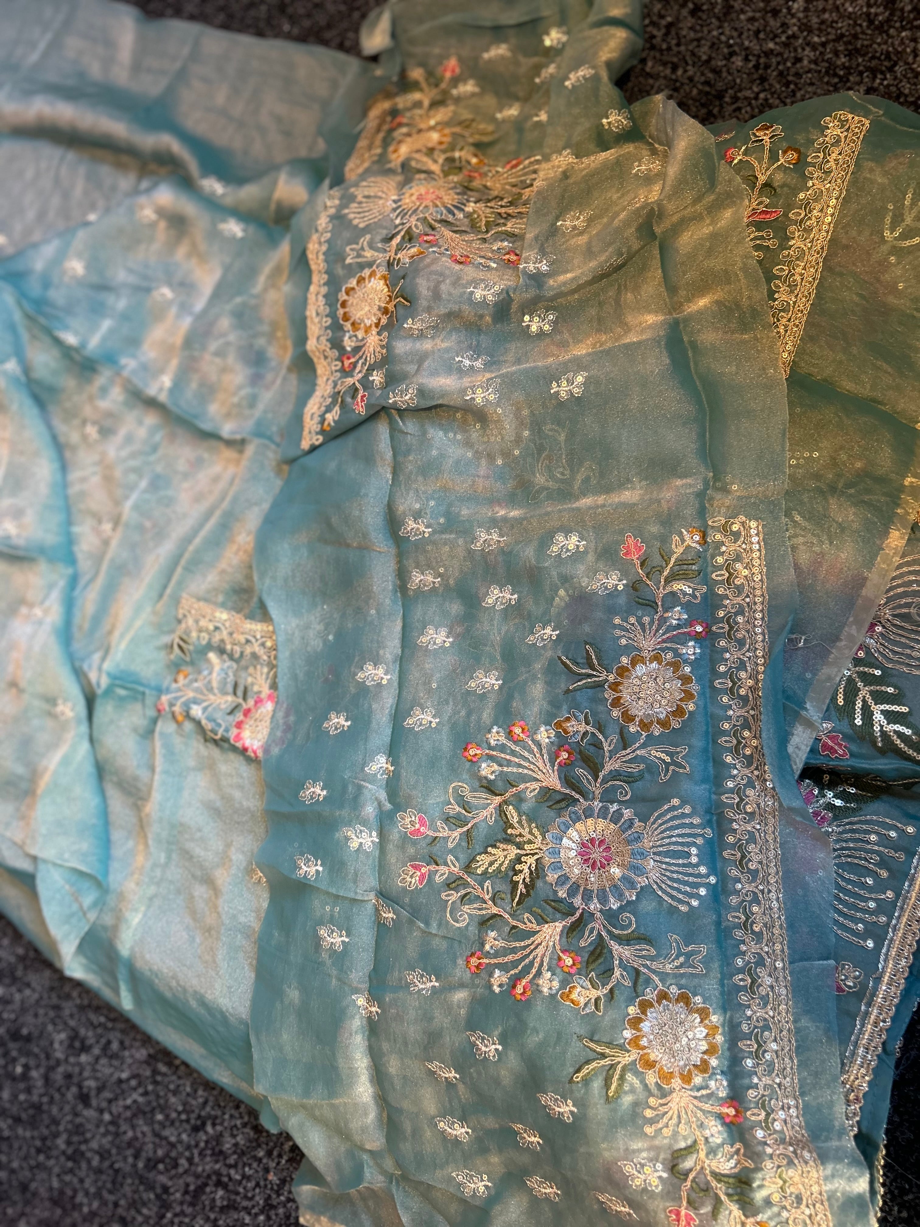 Sky Blue Floral Embroidered Lehenga Set with Elegant Dupatta